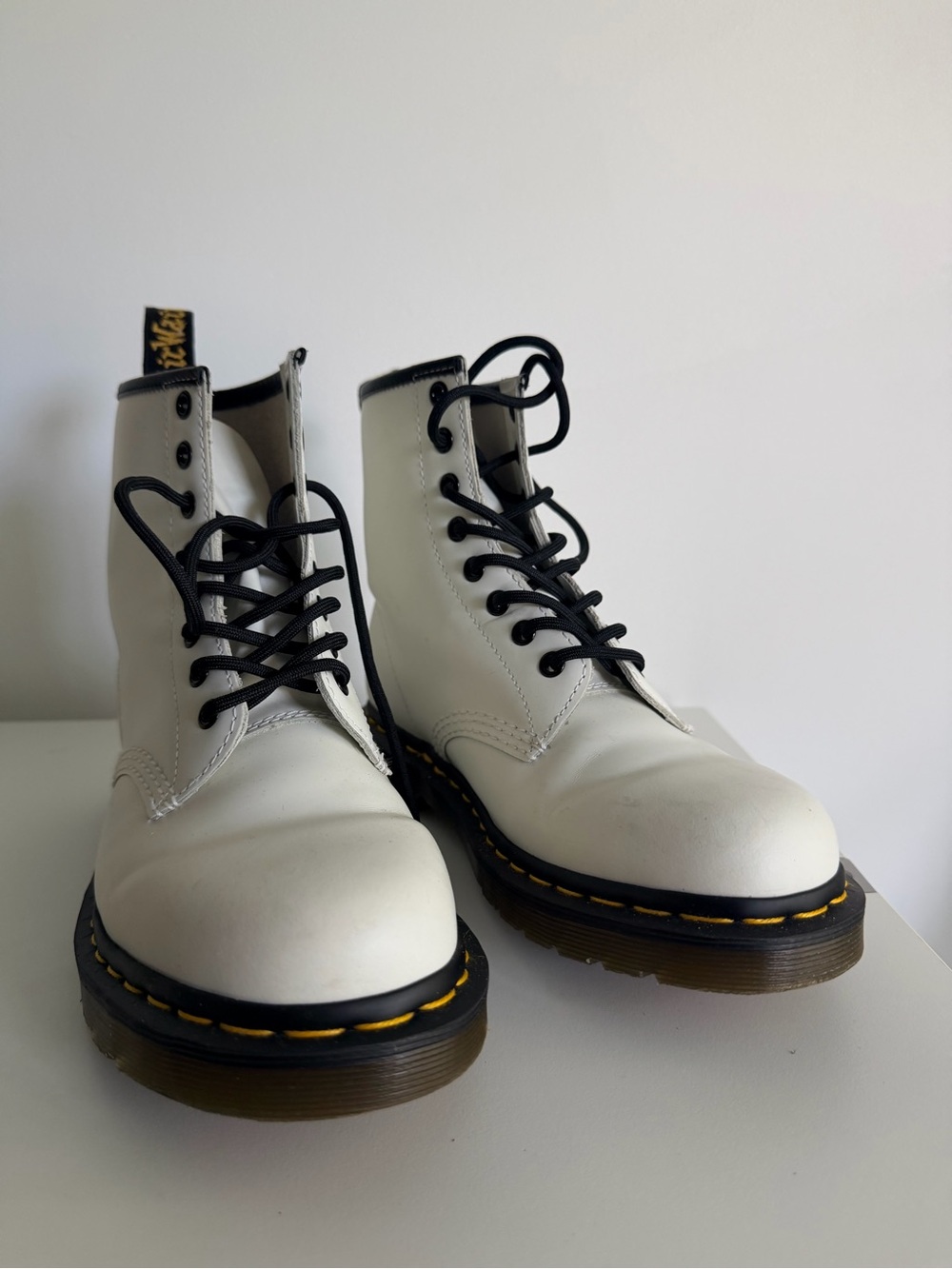 Dr Martend White Leather Lace-Up Boots with Yellow Stitching